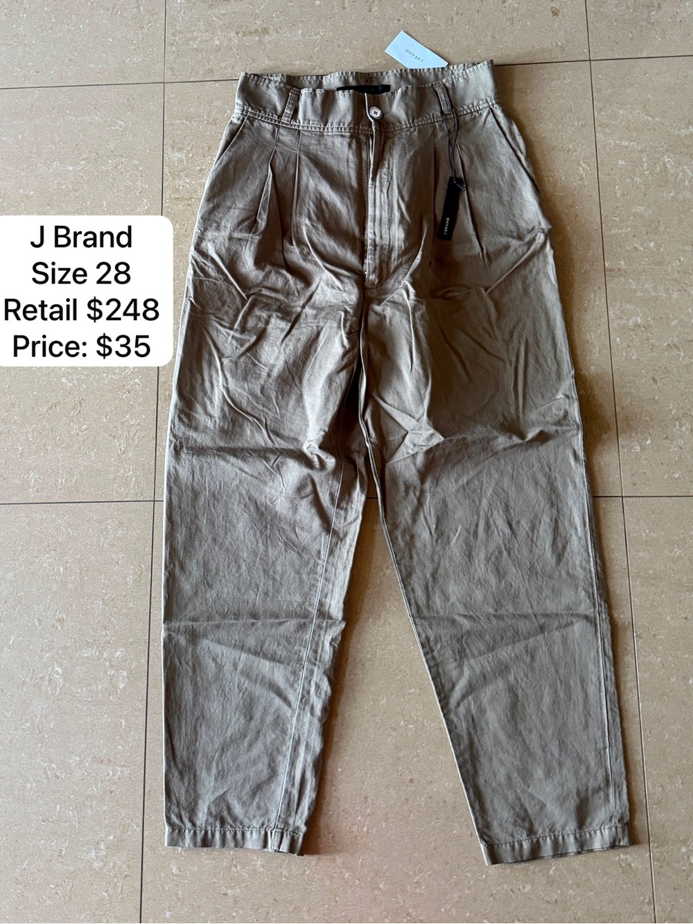 J Brand Khaki Pleated Pants - Size 28